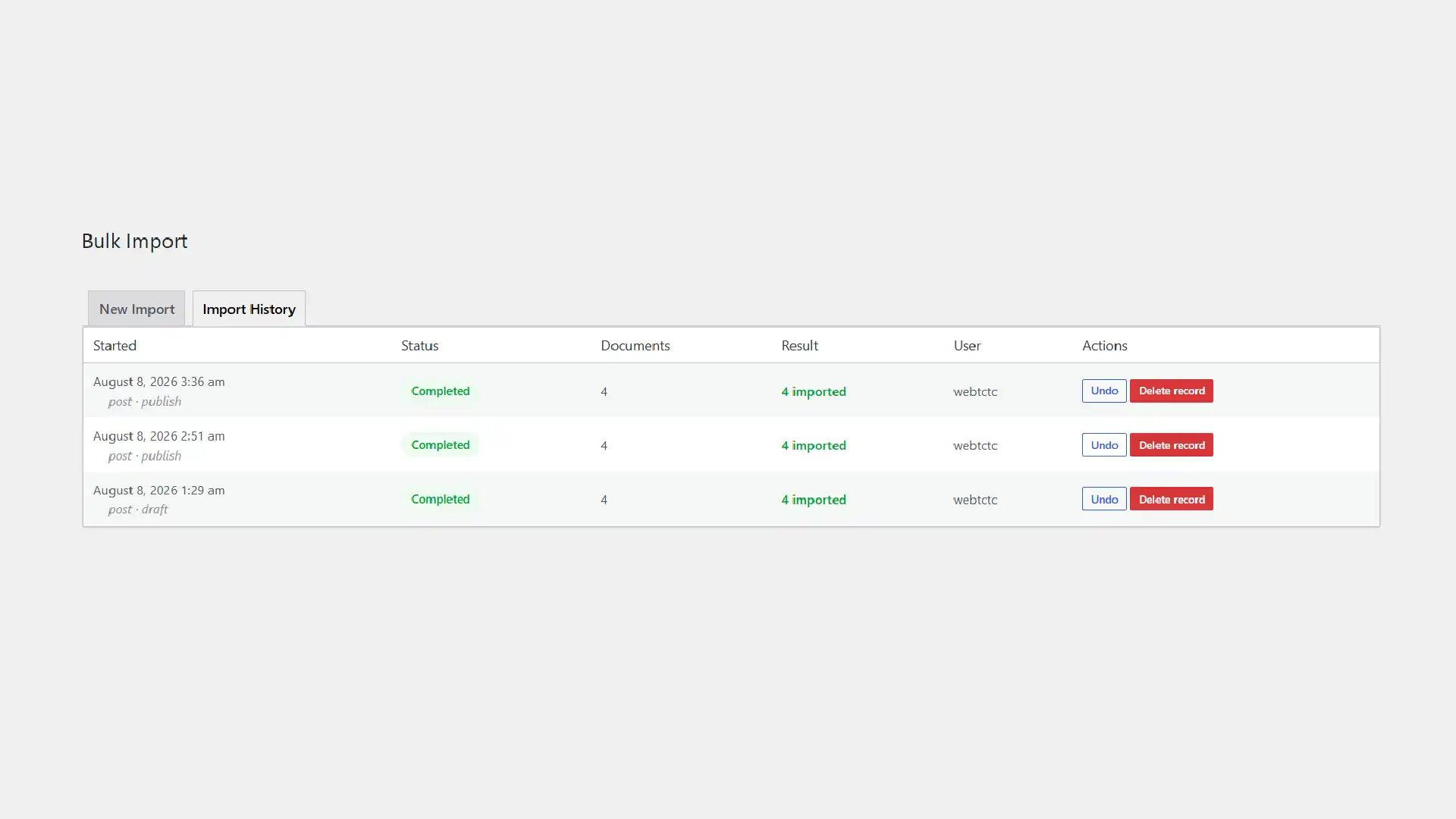 Import History tab listing completed bulk imports with document counts, results and one-click undo