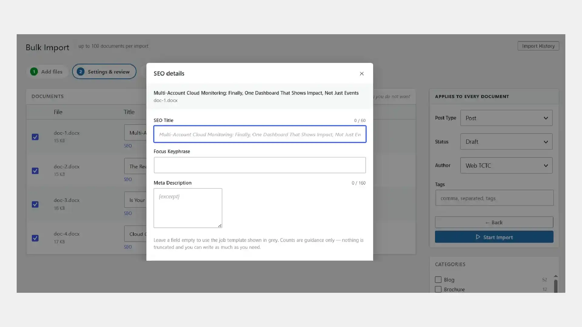 Per-document SEO panel with SEO title, focus keyphrase and meta description fields for Yoast SEO and Rank Math