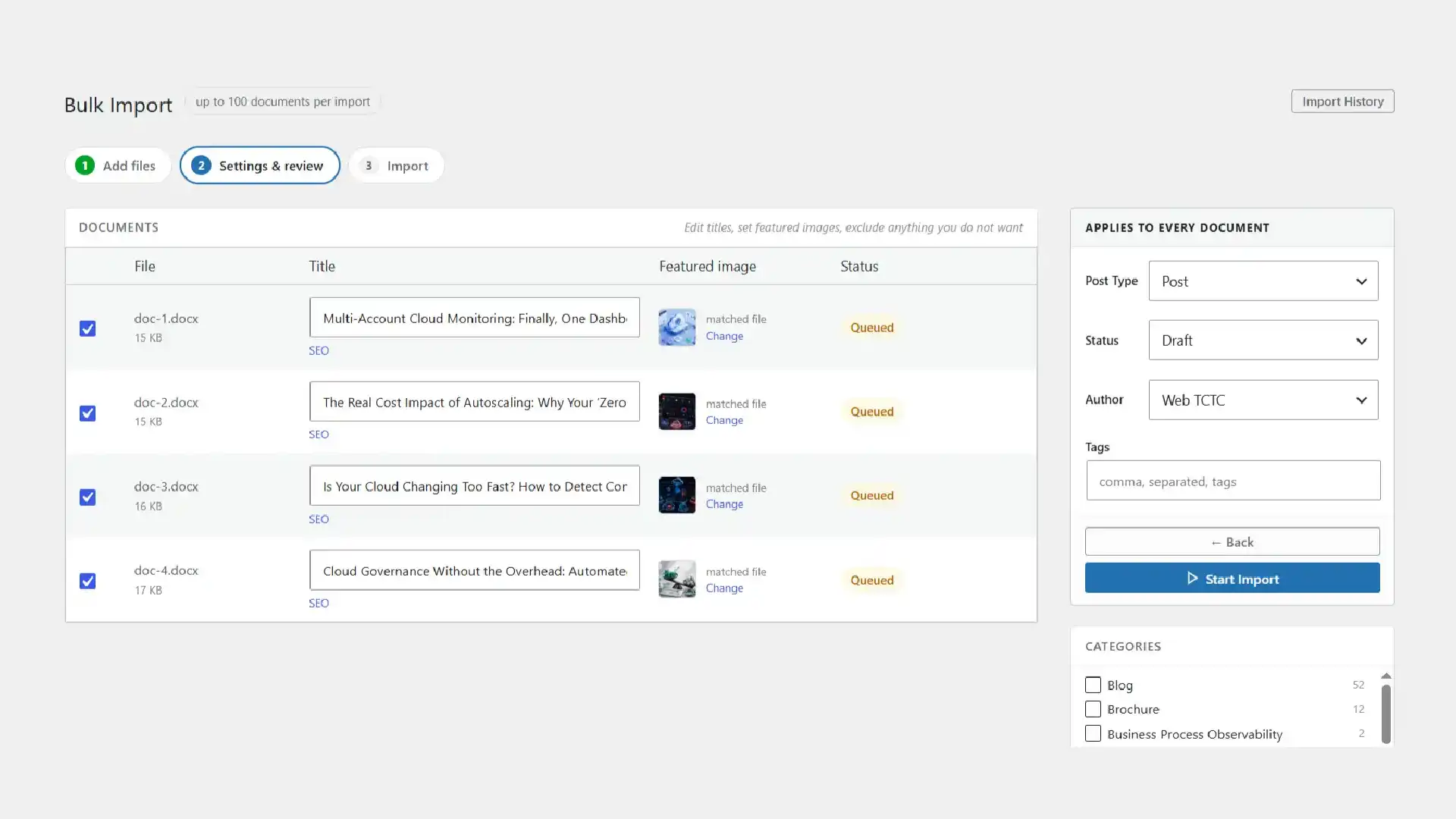 Bulk import review table with editable post titles, matched featured images and batch settings for post type, status and author